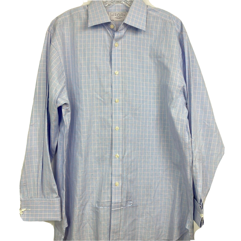 Charles Tyrwhitt Shirt Sz 16 34‎ Blue White Windowpane Plaid French Cuff Dress